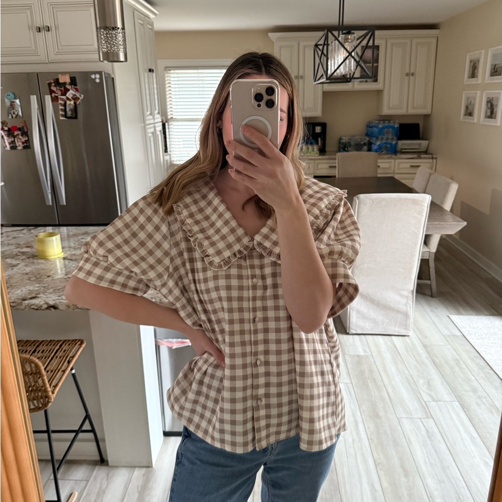 Roolee Gingham Ruffle Collar Button Front Blouse … - image 6